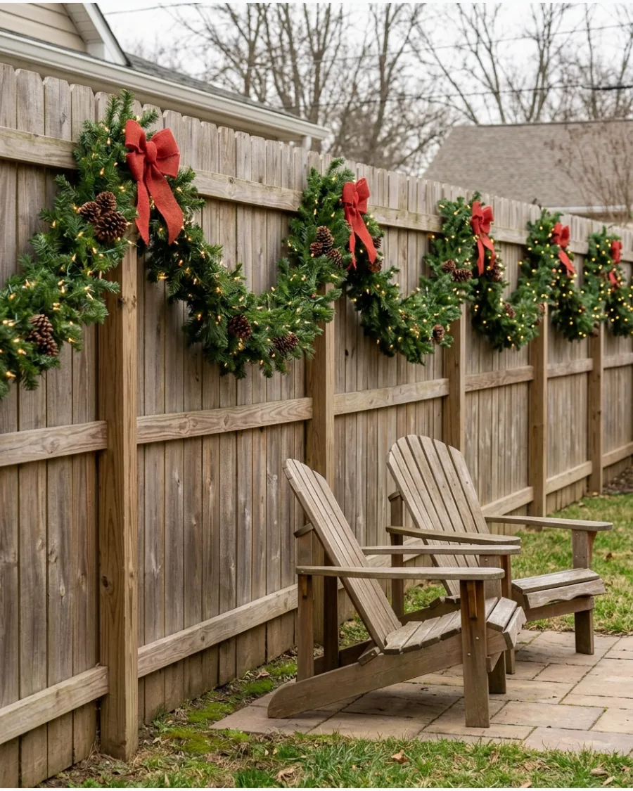 31. Evergreen Garland Along the Backyard Fence