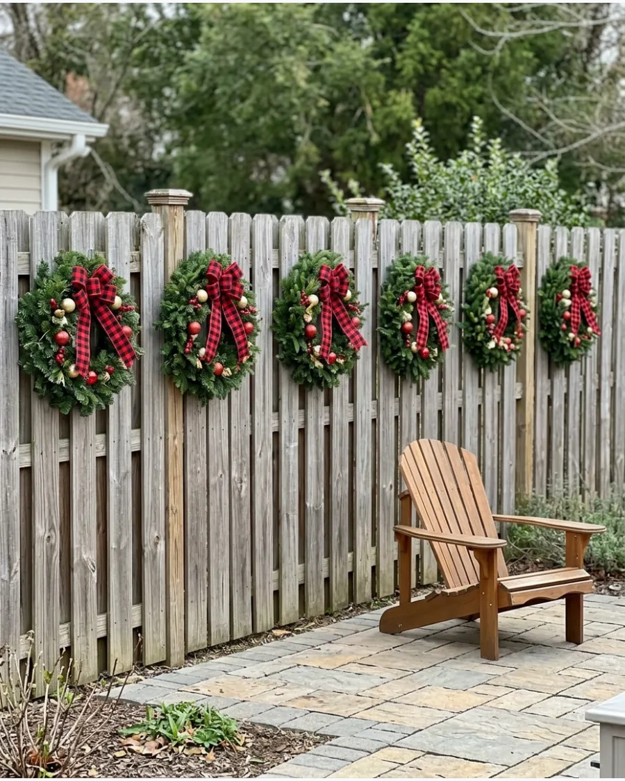 33. Christmas Wreaths Along a Privacy Fence