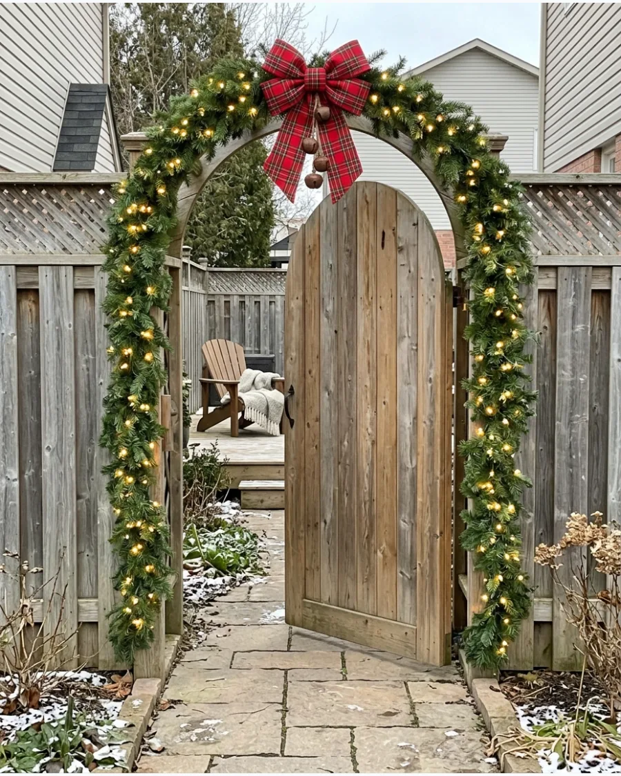 34. Lighted Garland Around a Garden Gate