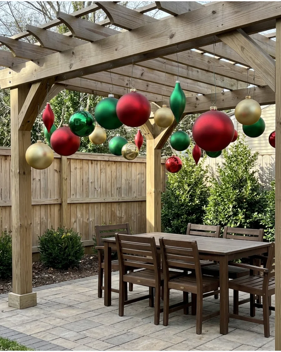35. Hanging Christmas Ornaments From a Pergola