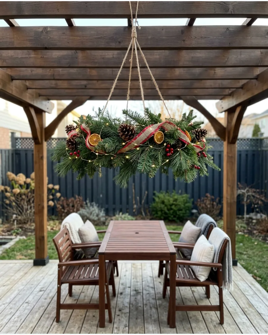 36. Evergreen Chandelier Under the Pergola