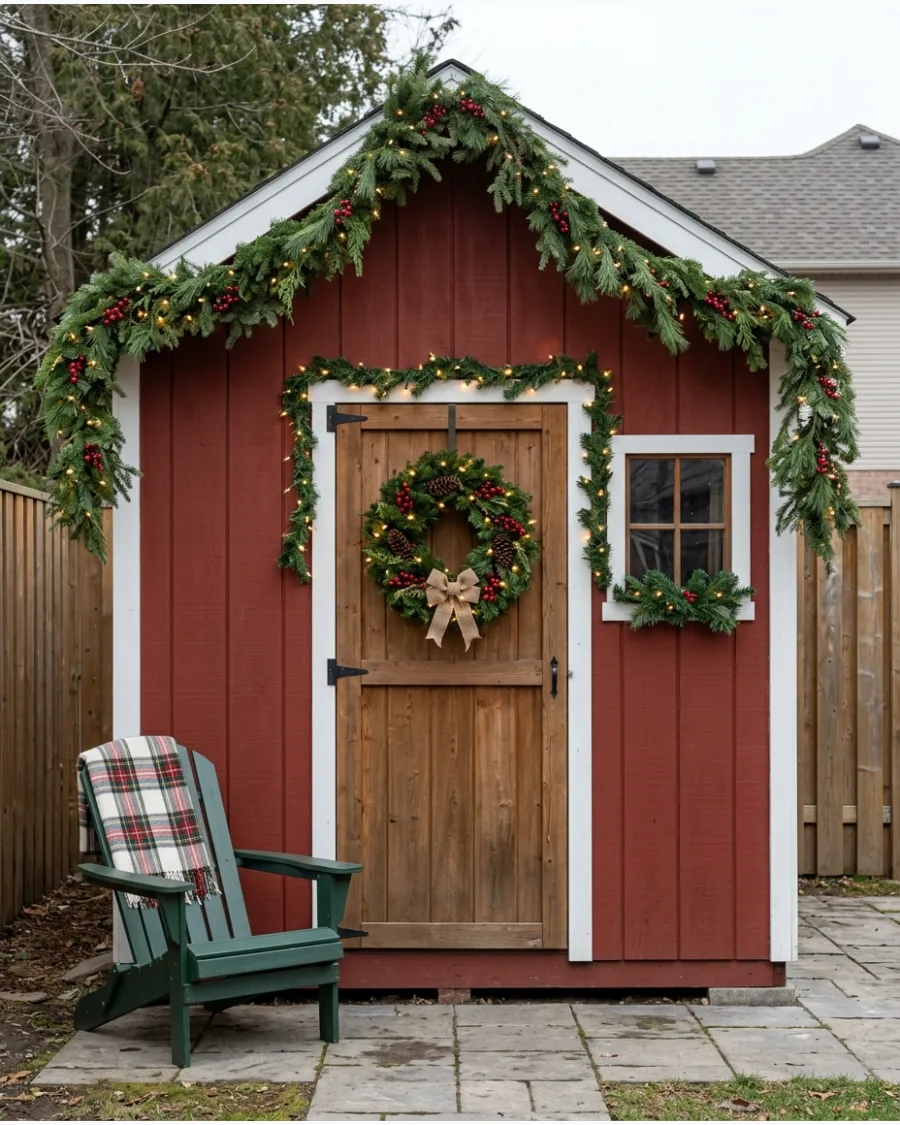 37. Christmas Garland Around a Backyard Shed