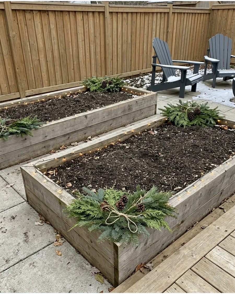 39. Christmas Decor Around Raised Garden Beds