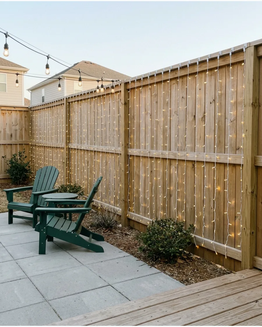 5. Christmas Light Curtain Along the Backyard Fence