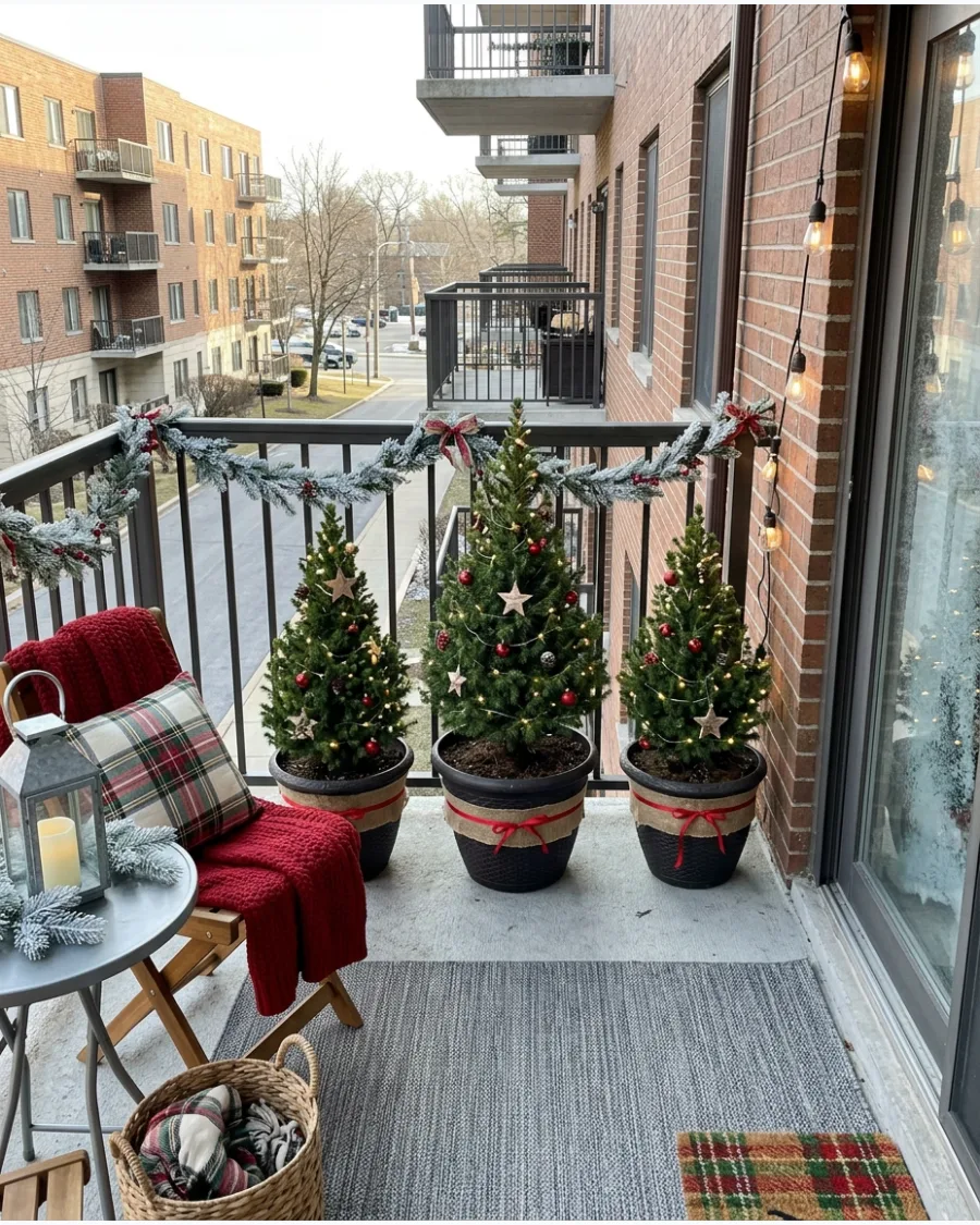 10. Small Balcony Christmas Decor With Potted Evergreens