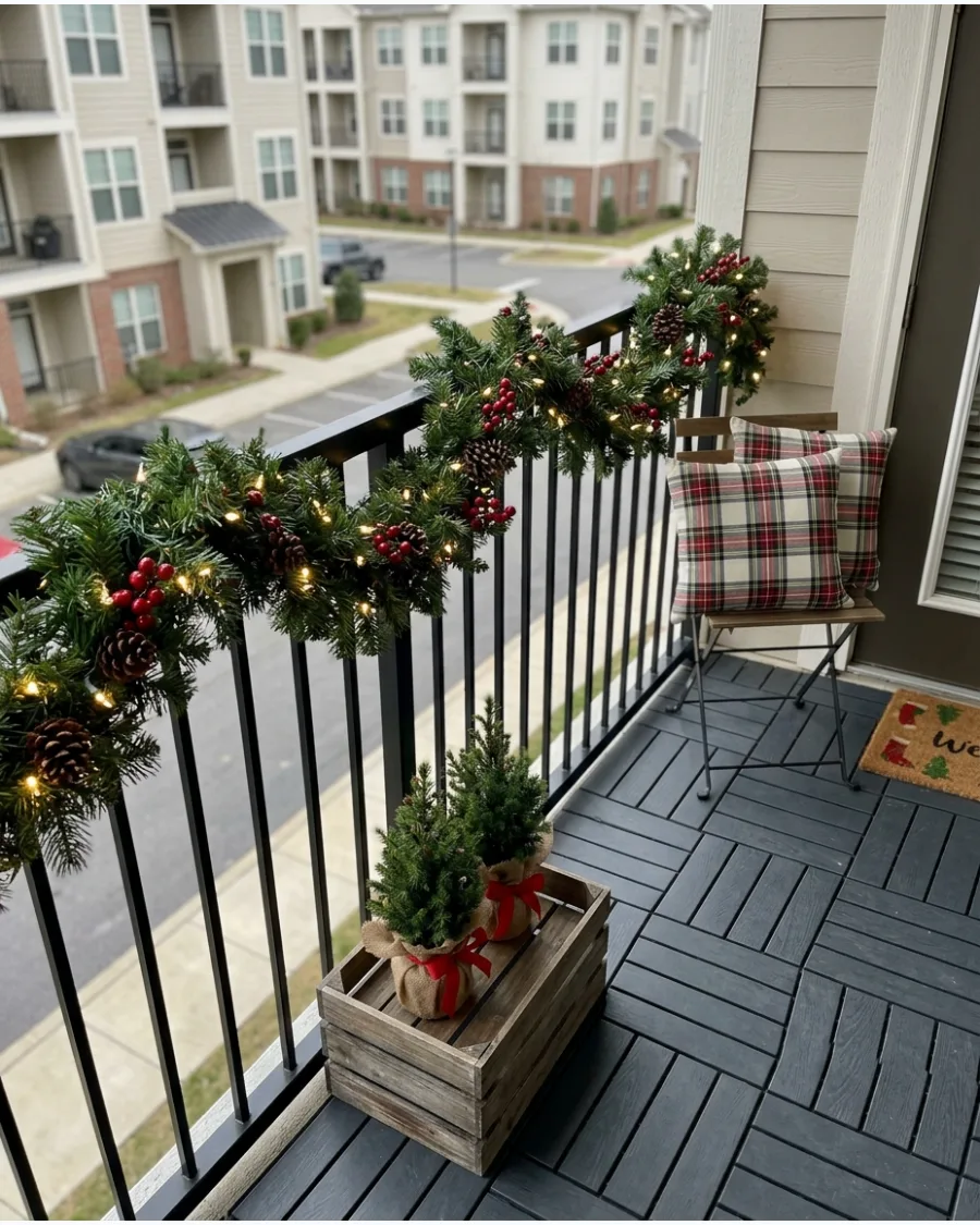 11. Classic Evergreen Garland on the Balcony Railing