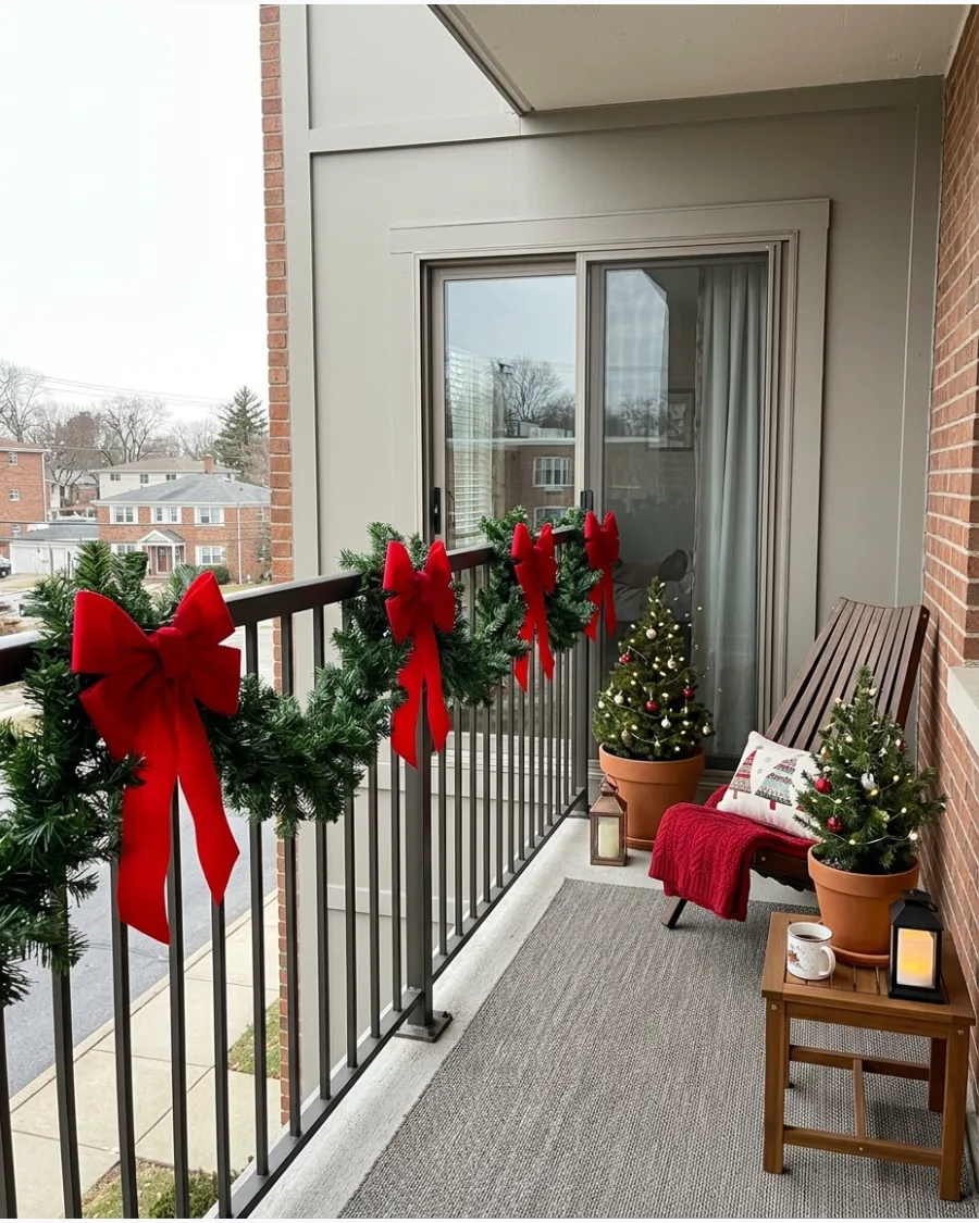 12. Balcony Railing Garland With Oversized Red Bows