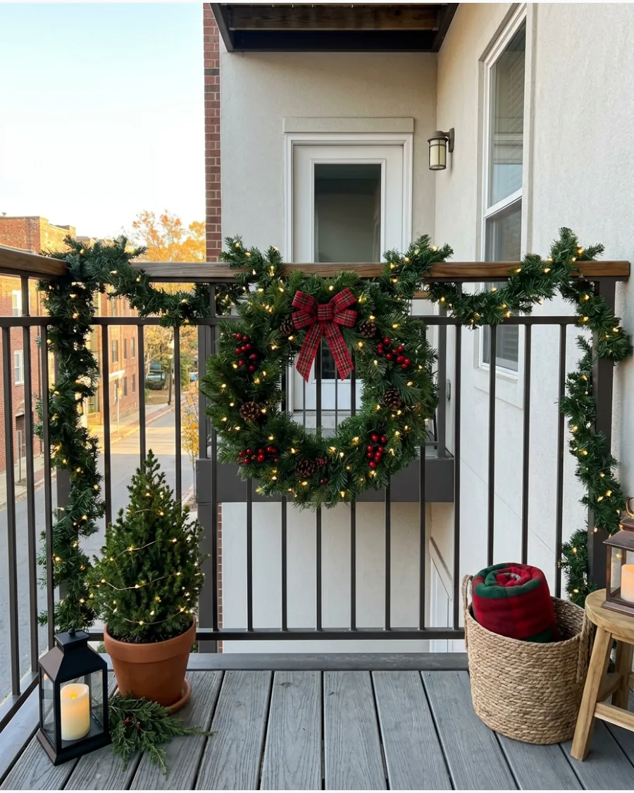 13. Christmas Wreath Centered on the Balcony Railing