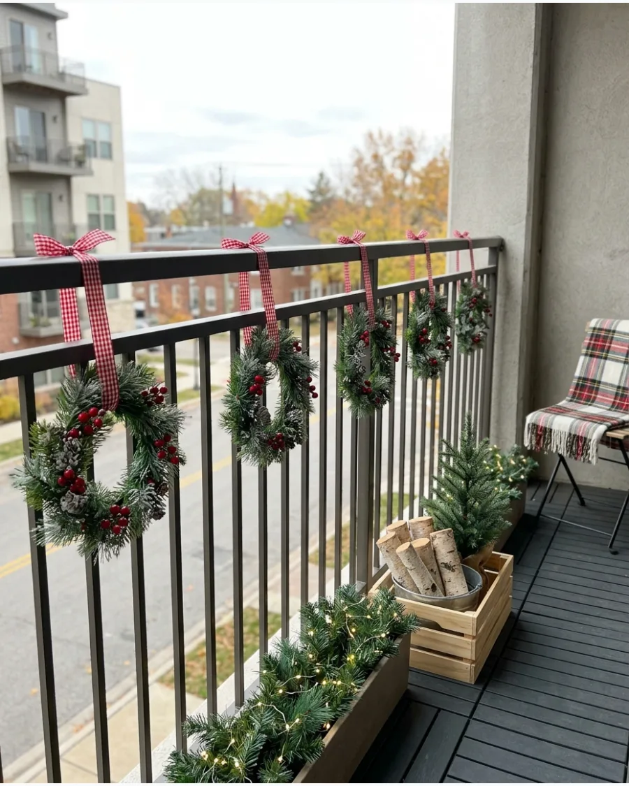14. Multiple Mini Wreaths Along the Balcony Railing