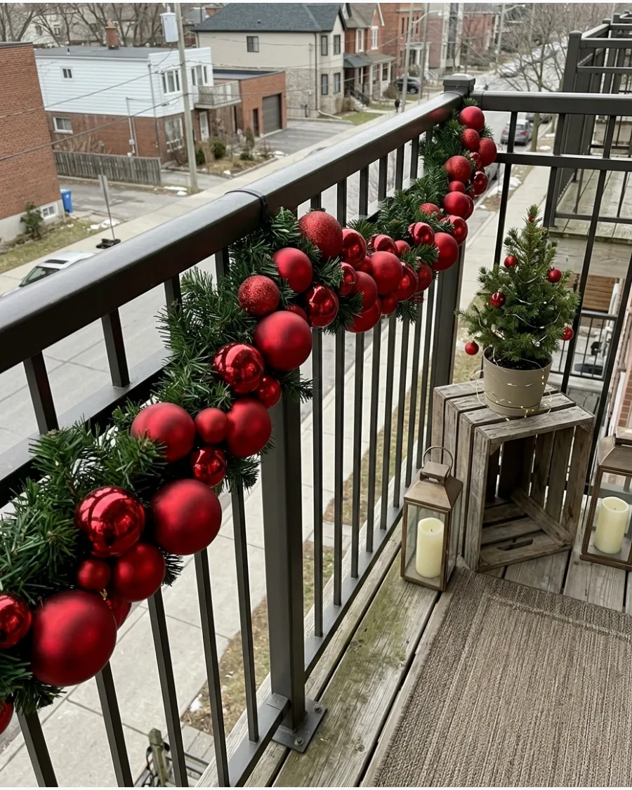 17. Ornament-Filled Balcony Railing Garland