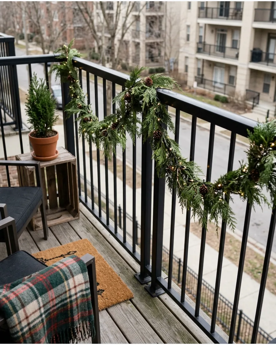 19. Natural Cedar-Style Balcony Railing Garland