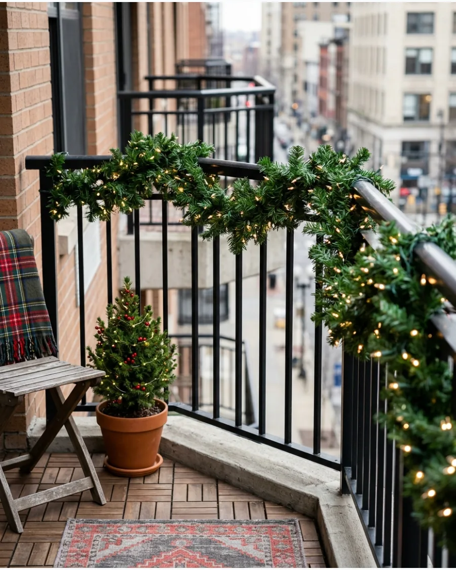 2. Small Balcony With Garland and Warm White Lights