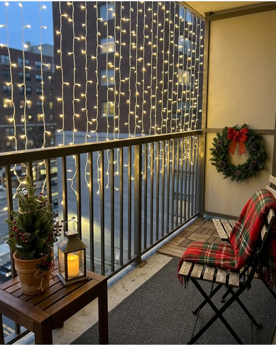 23. Christmas Curtain Lights Across the Balcony