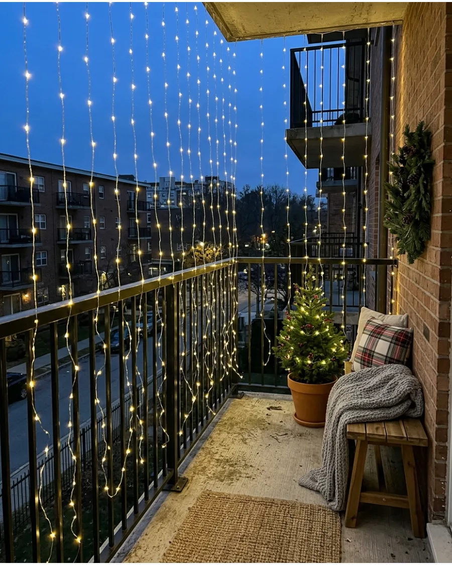 24. Cascading Fairy Lights Around the Balcony