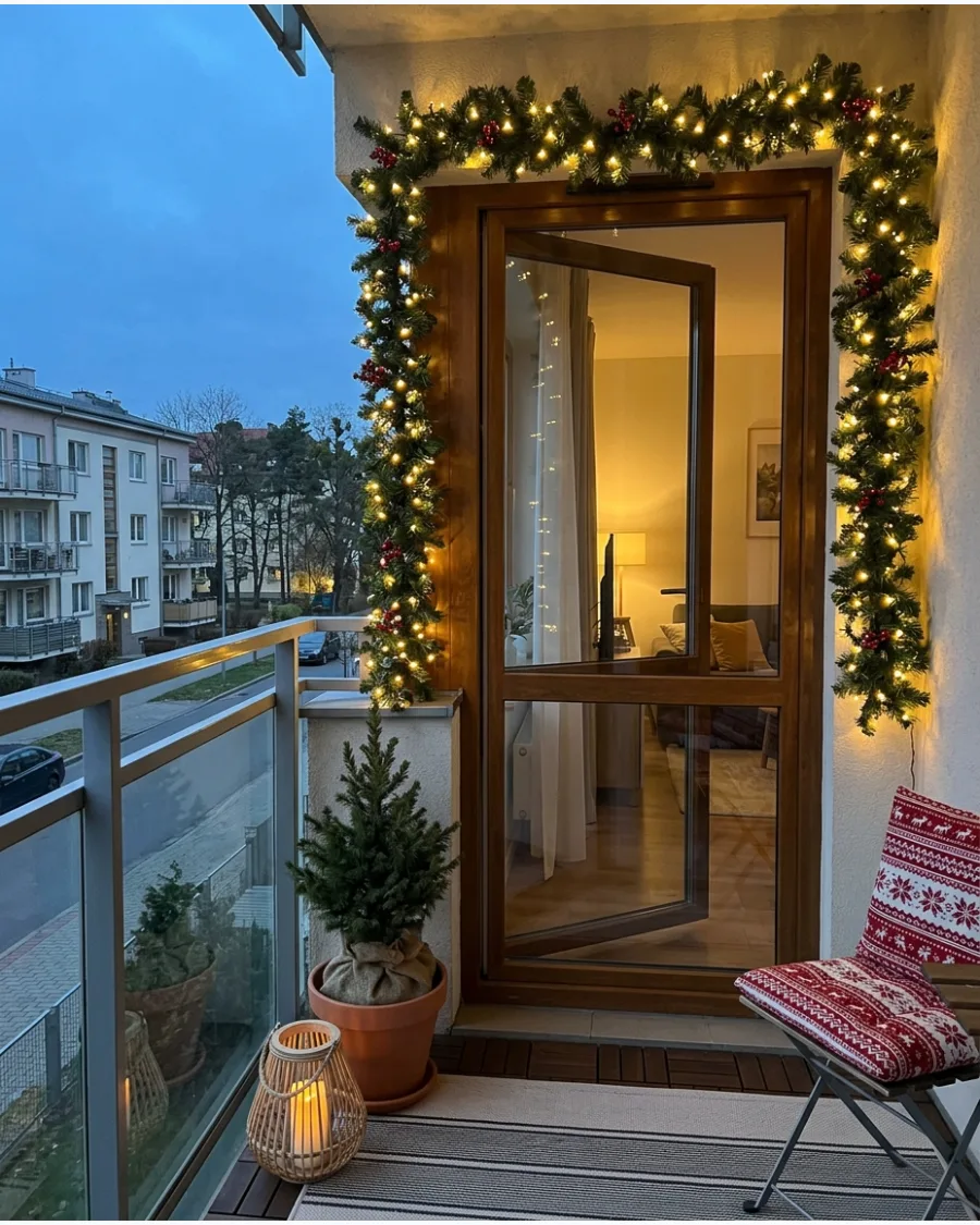 27. Glowing Garland Around the Balcony Door