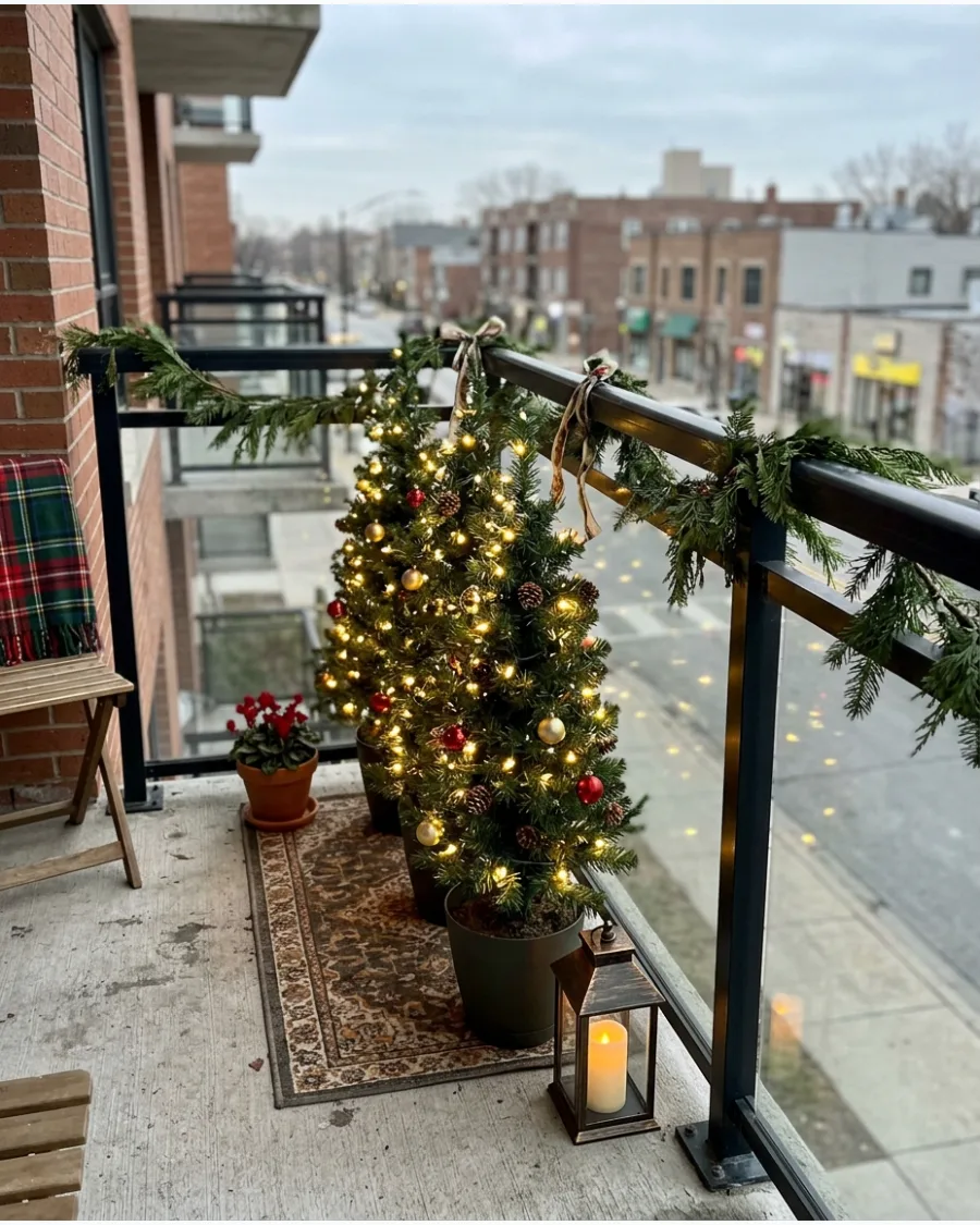 28. Lighted Mini Christmas Trees Along the Railing