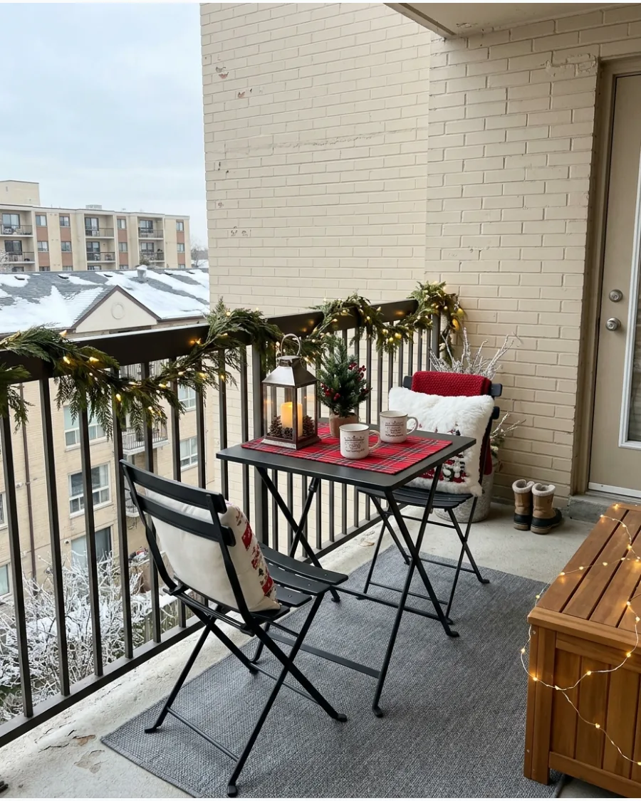 3. Cozy Christmas Balcony With a Bistro Set