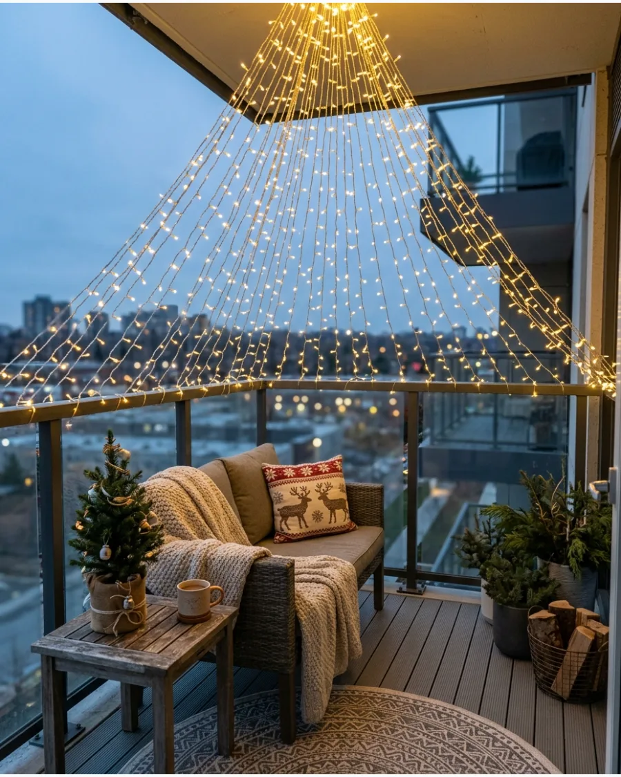 30. Ceiling-to-Railing Christmas Light Canopy