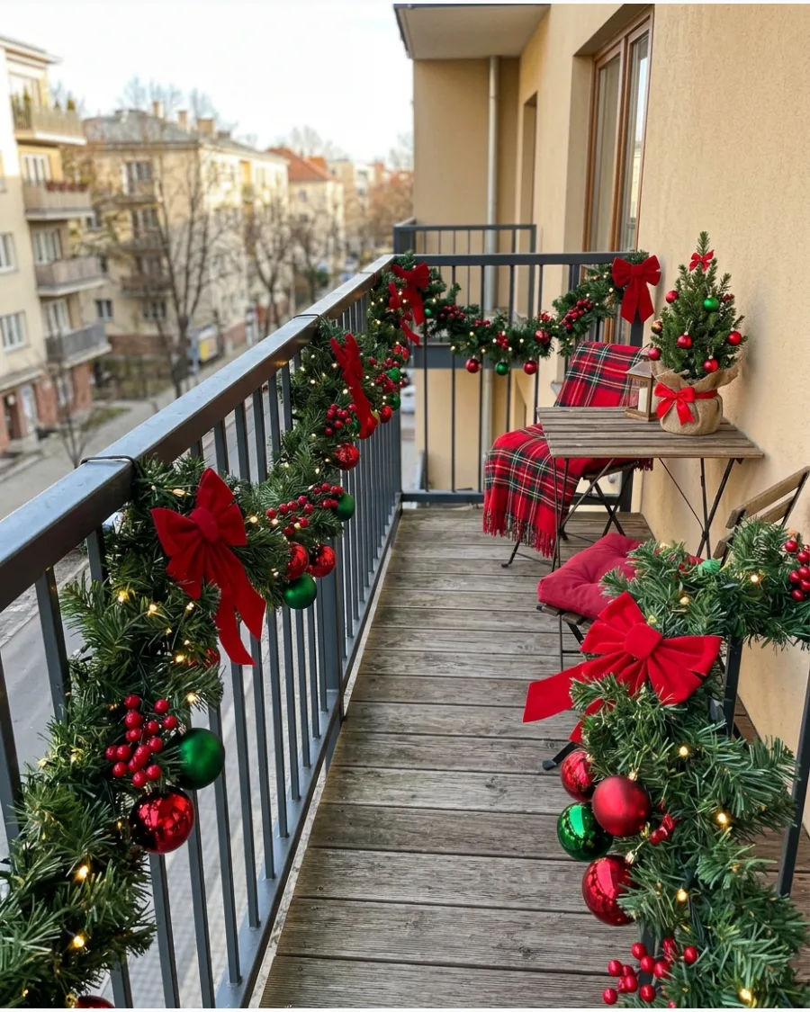 31. Traditional Red and Green Christmas Balcony