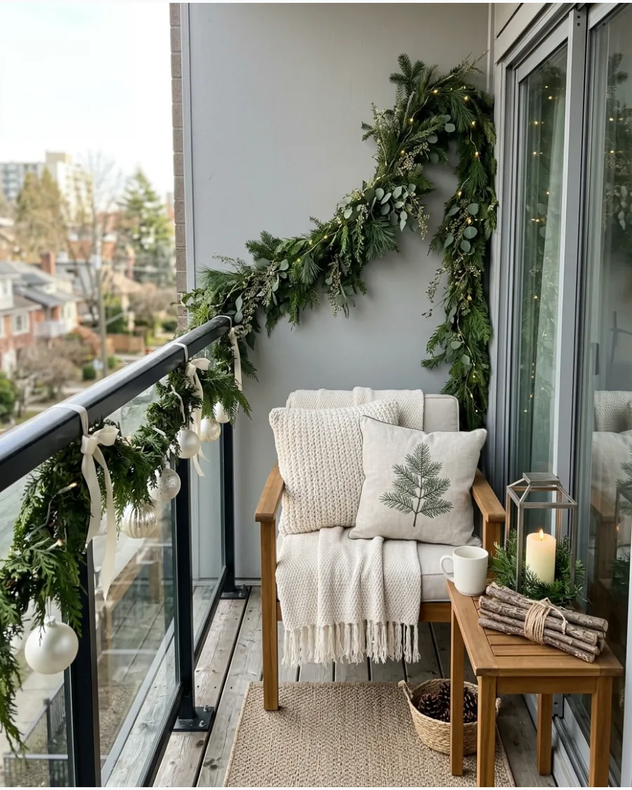 33. Neutral White and Green Christmas Balcony