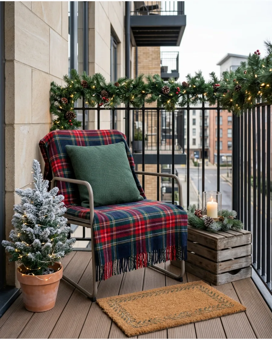 41. Cozy Balcony Chair With Plaid Christmas Blankets