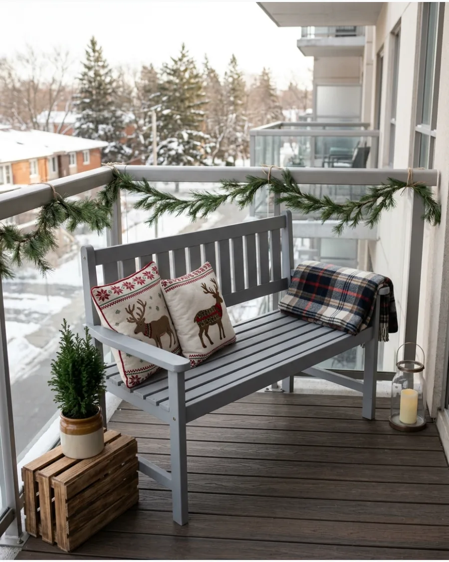 44. Balcony Bench With Christmas Pillows and Garland
