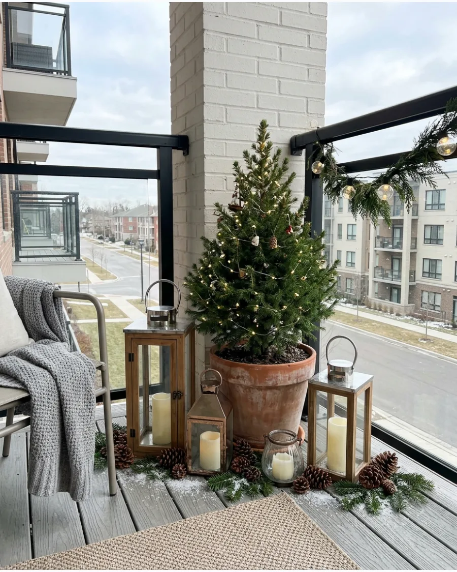 46. Lantern and Evergreen Balcony Corner