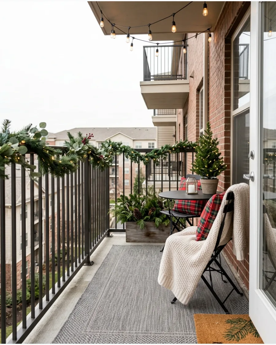 47. Christmas Balcony With Outdoor Rug and Festive Seating