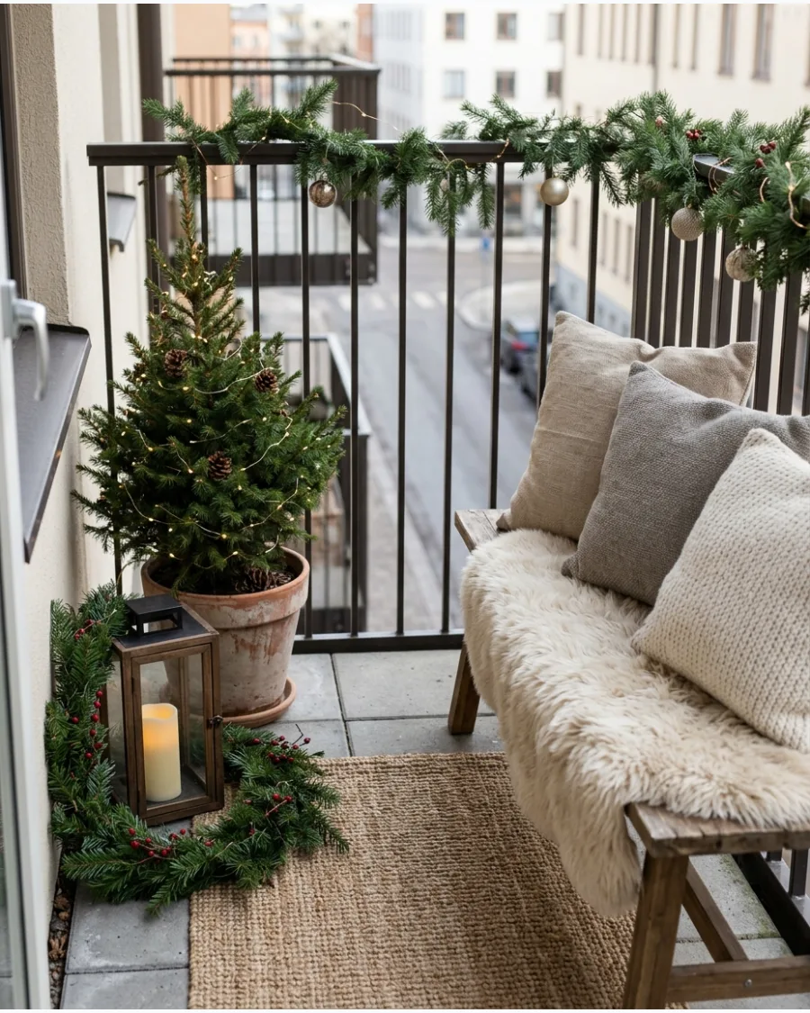 48. Faux Fur and Evergreen Scandinavian Balcony