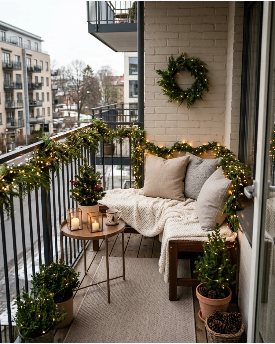 49. Romantic Christmas Balcony With Soft Lights