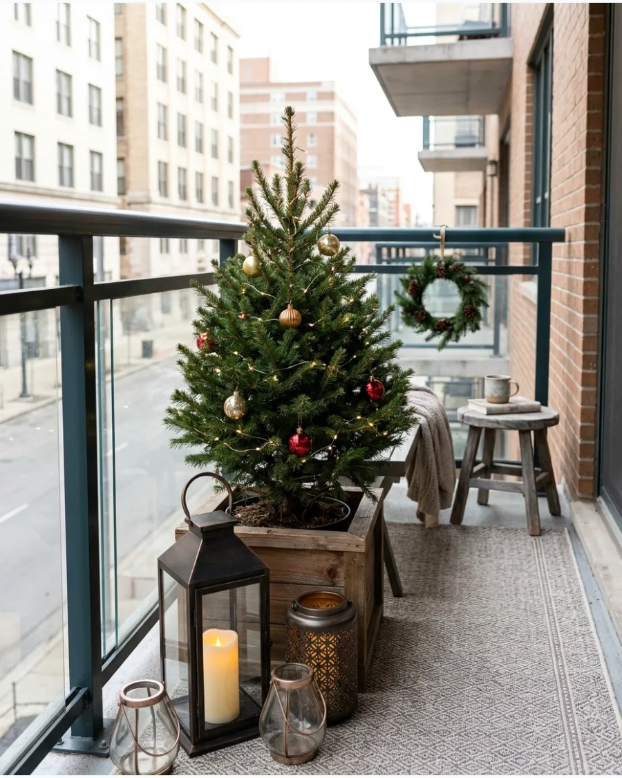 5. Tiny Balcony Christmas Tree and Lantern Display