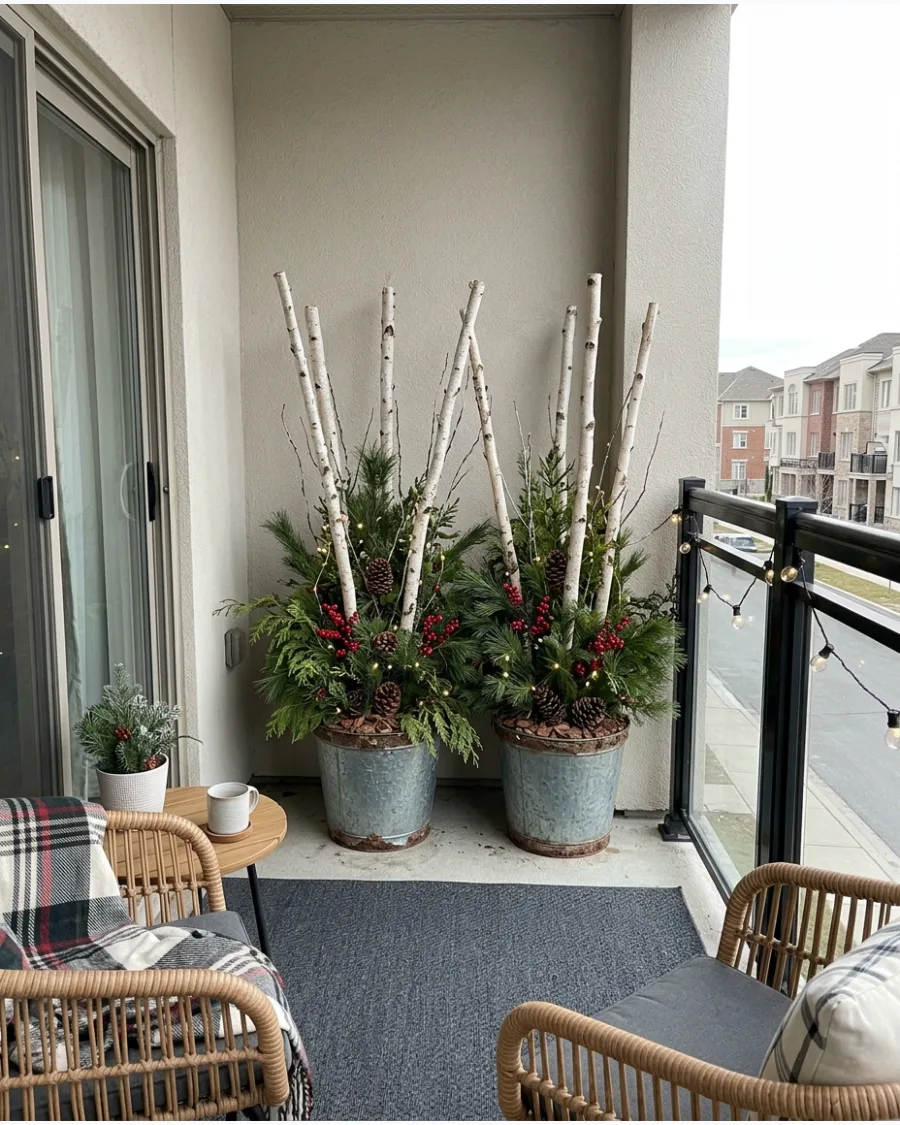 59. Birch Branch and Evergreen Christmas Planters