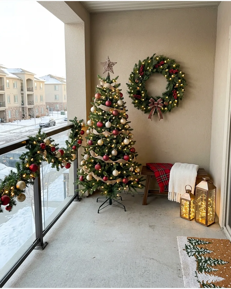 60. Full Christmas Balcony With Tree, Garland, Wreath, and Lights