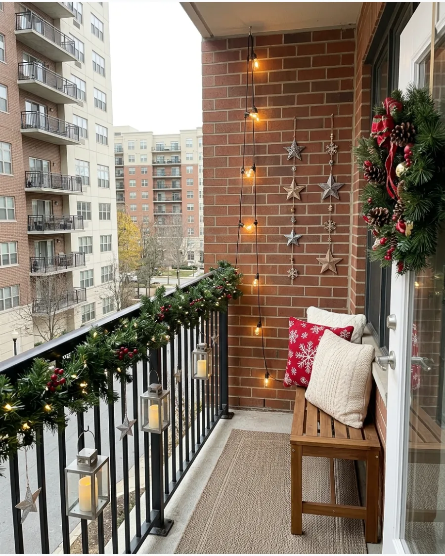 8. Apartment Balcony Christmas Decor With Vertical Accents