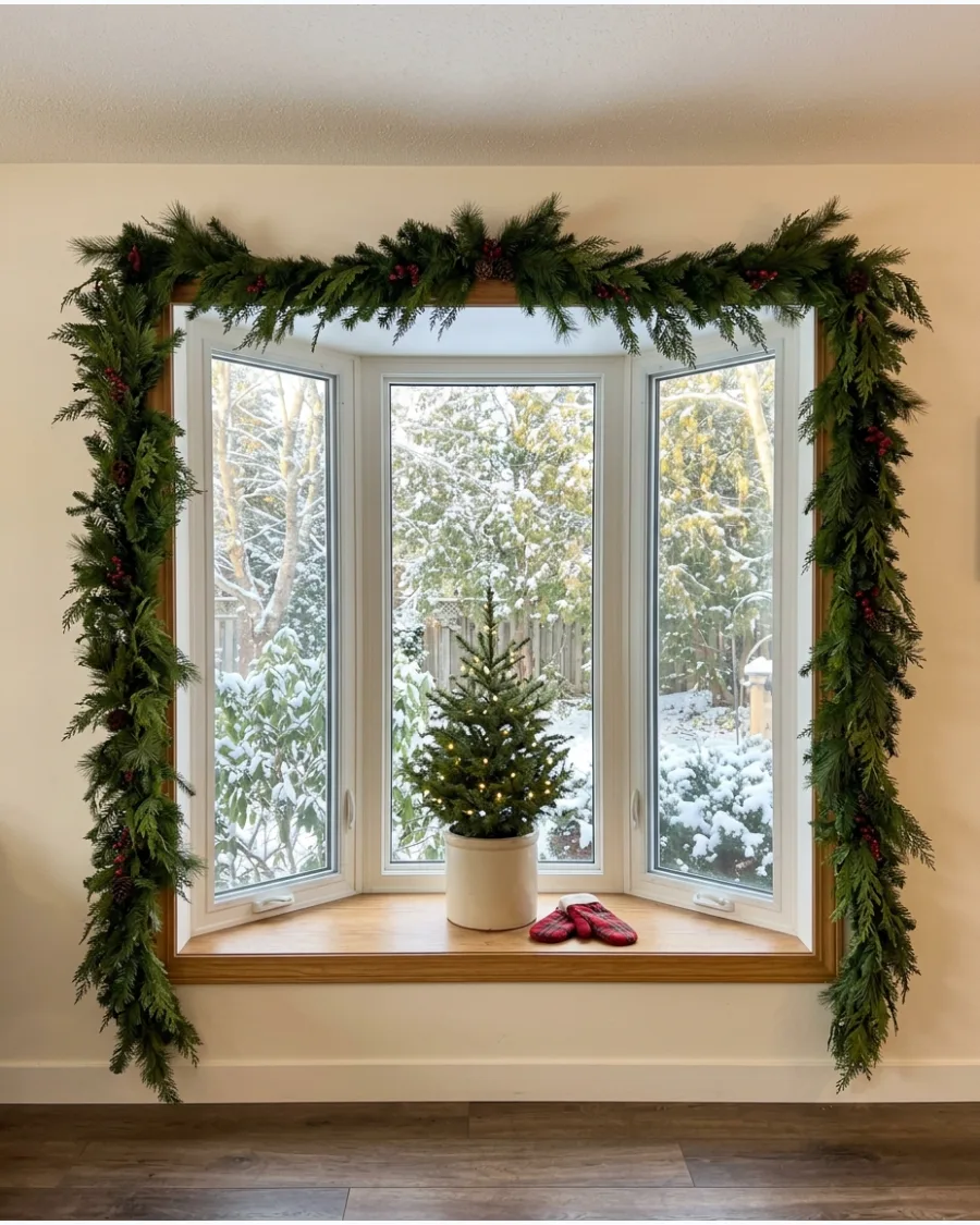 1. Full Evergreen Garland Around the Bay Window