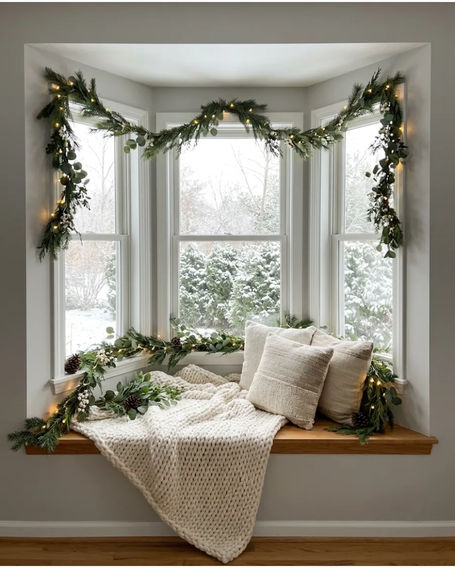 11. Neutral Christmas Bay Window Nook