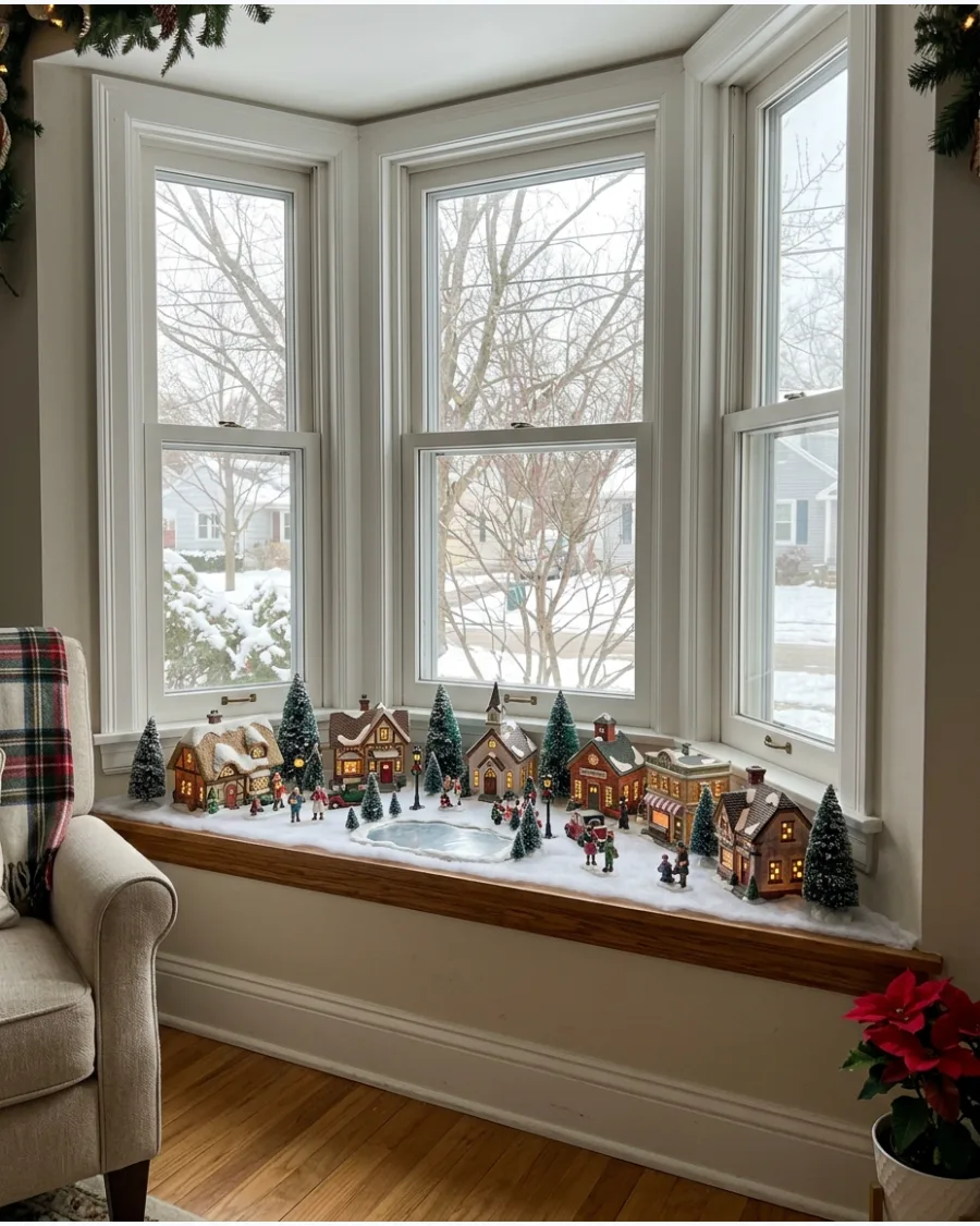 20. Vintage Christmas Village in the Bay Window