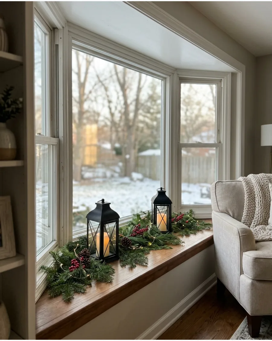 23. Lantern and Greenery Bay Window Ledge