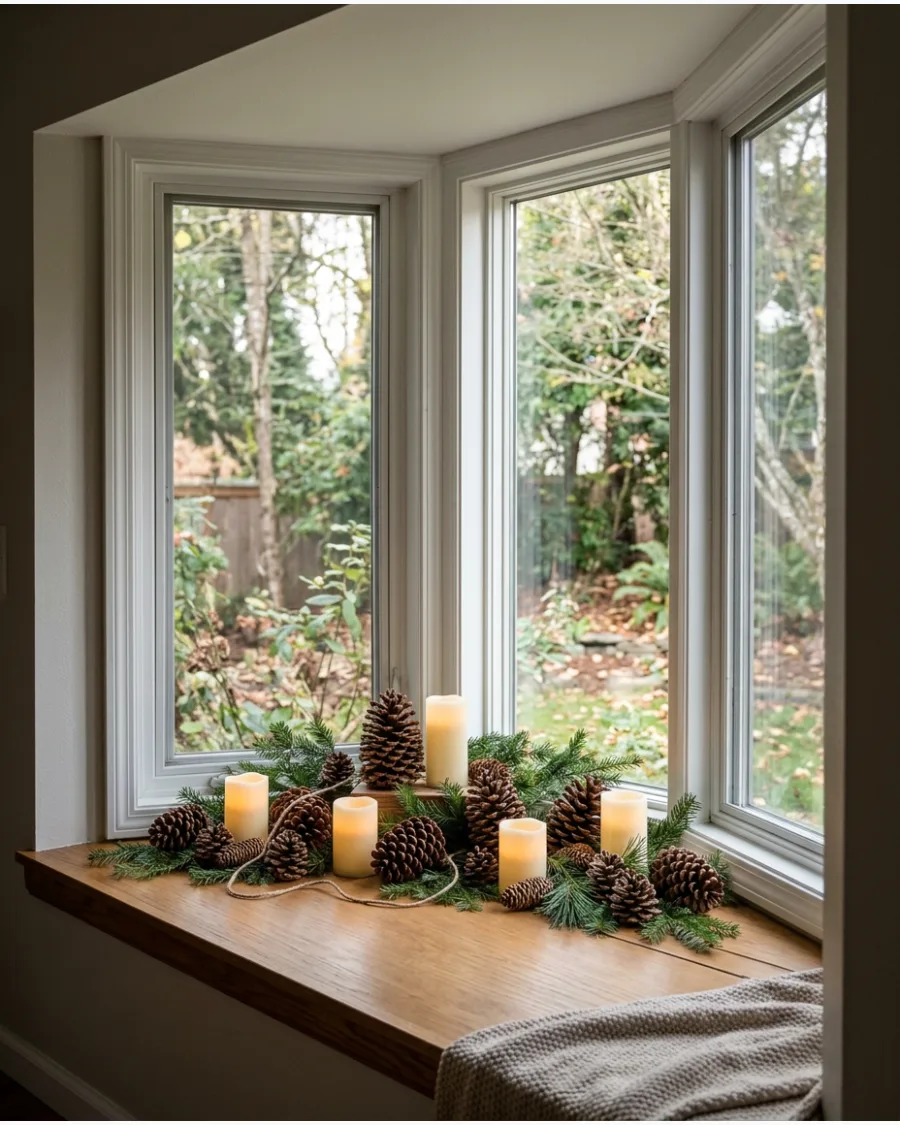 24. Pinecone and Candle Window Display