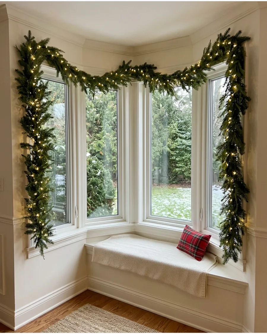 3. Lighted Garland Around the Bay Window