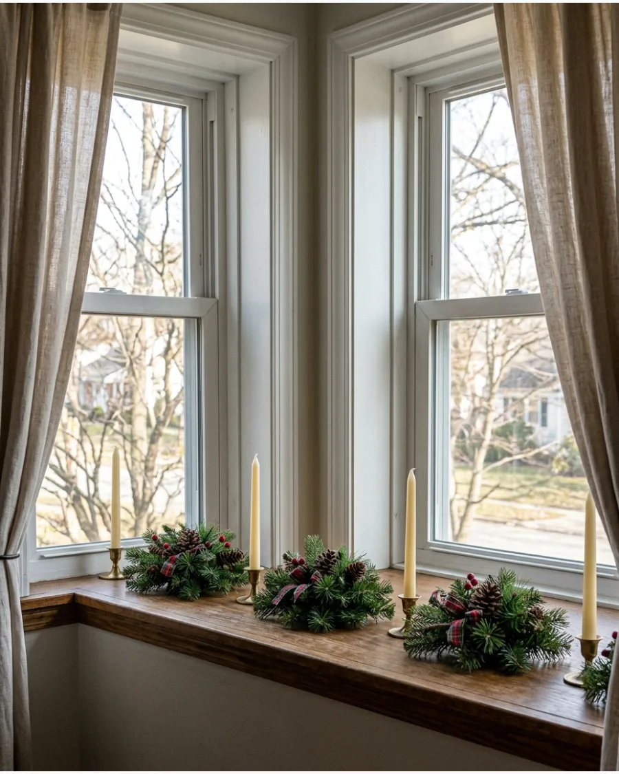 42. Window Candle and Evergreen Arrangement