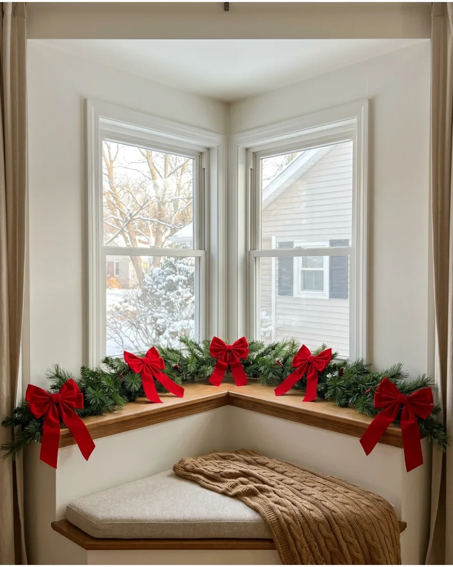 6. Classic Red Bow Bay Window Garland