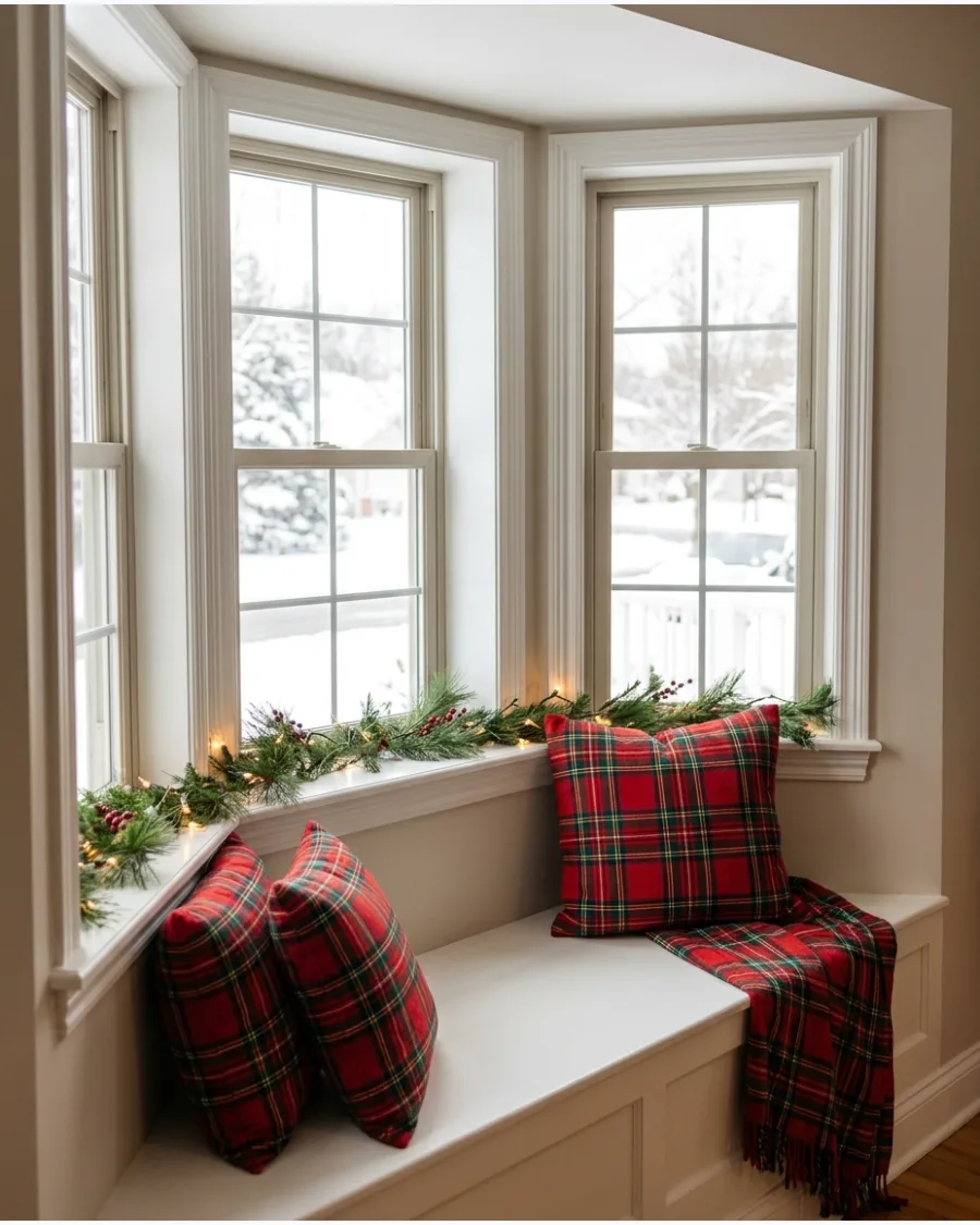9. Plaid Christmas Bay Window Seat