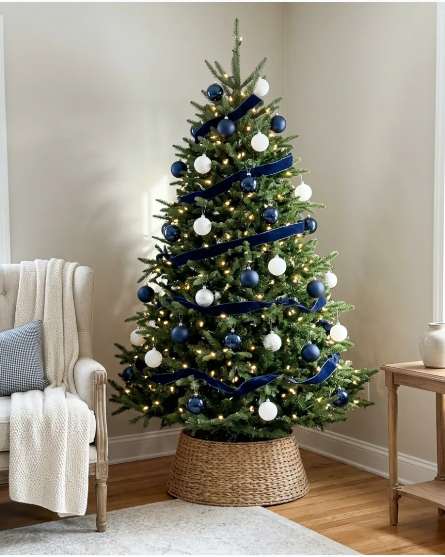 1. Classic Navy Blue and White Christmas Tree
