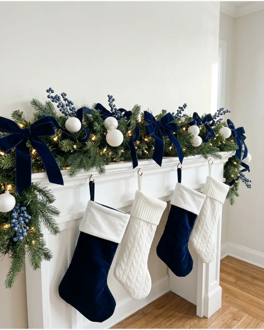 11. Navy Blue and White Christmas Mantel