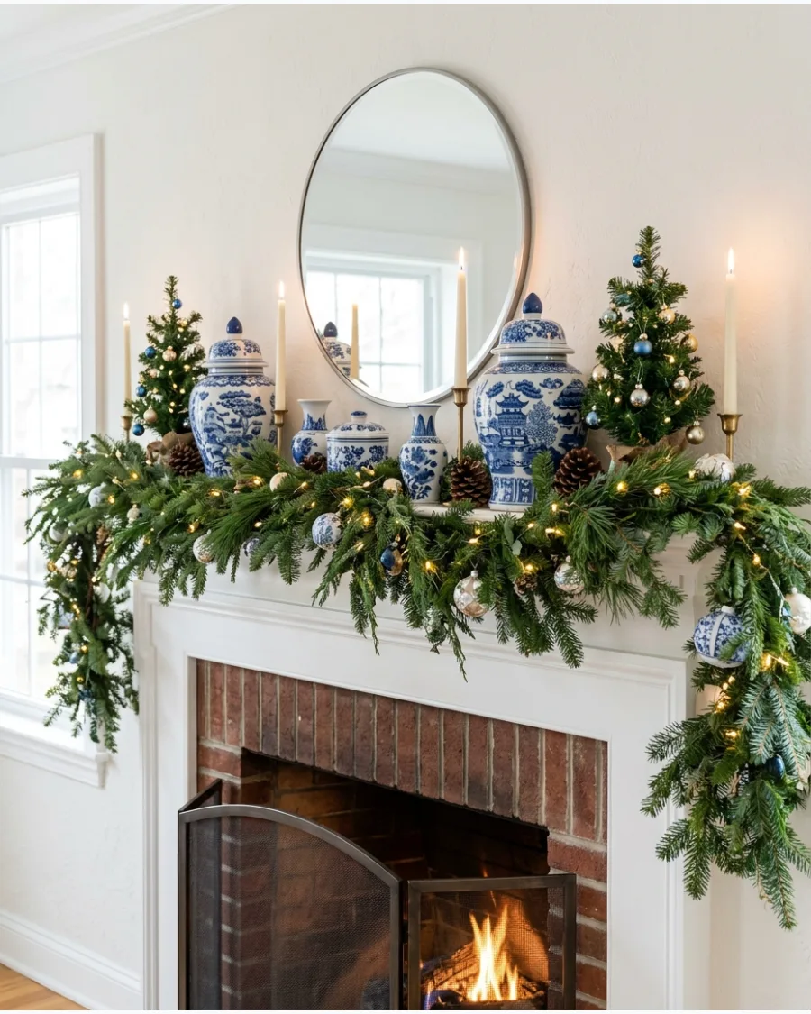 12. Blue and White Chinoiserie Christmas Mantel