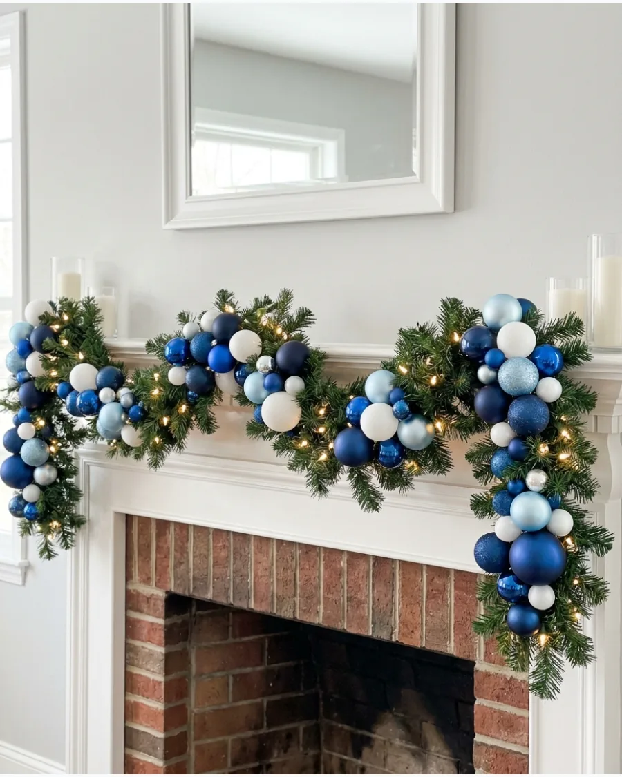 13. Blue and White Ornament Garland Mantel