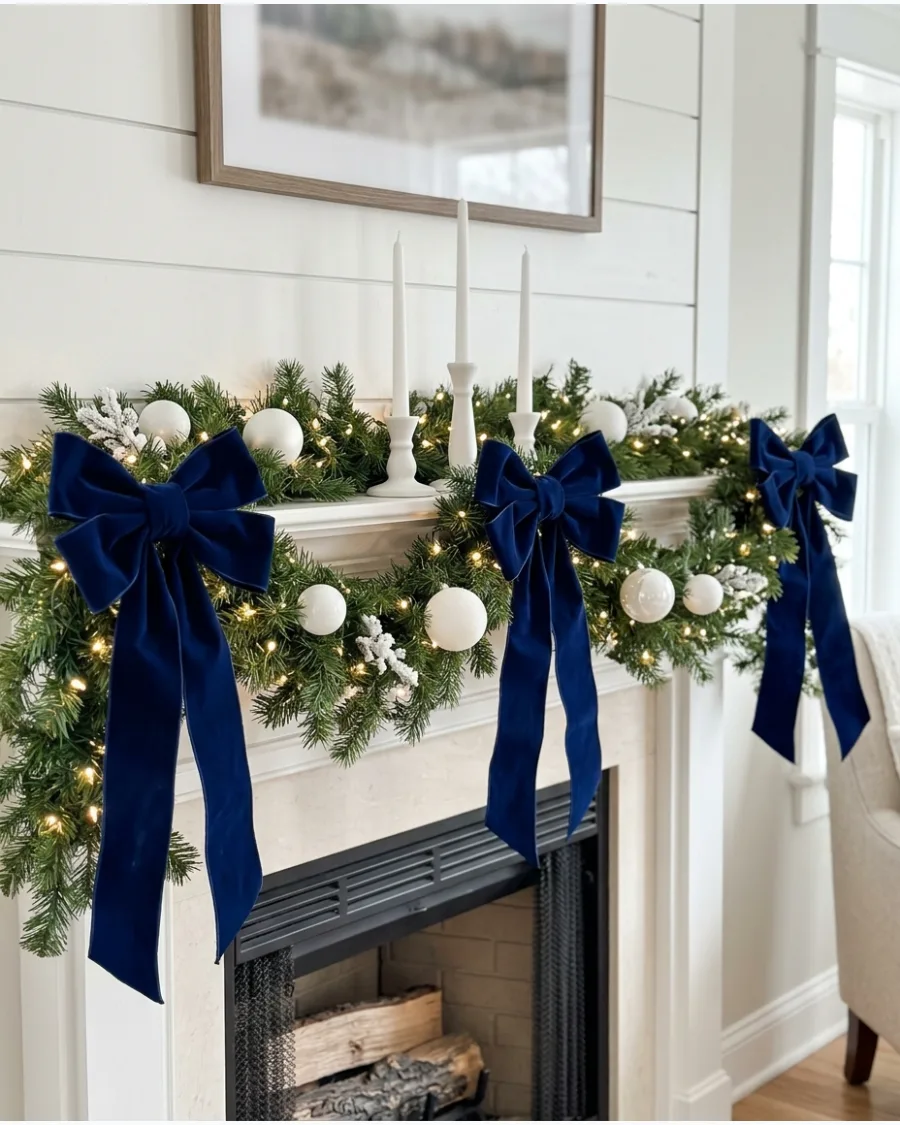 14. Blue Velvet Bow Christmas Mantel
