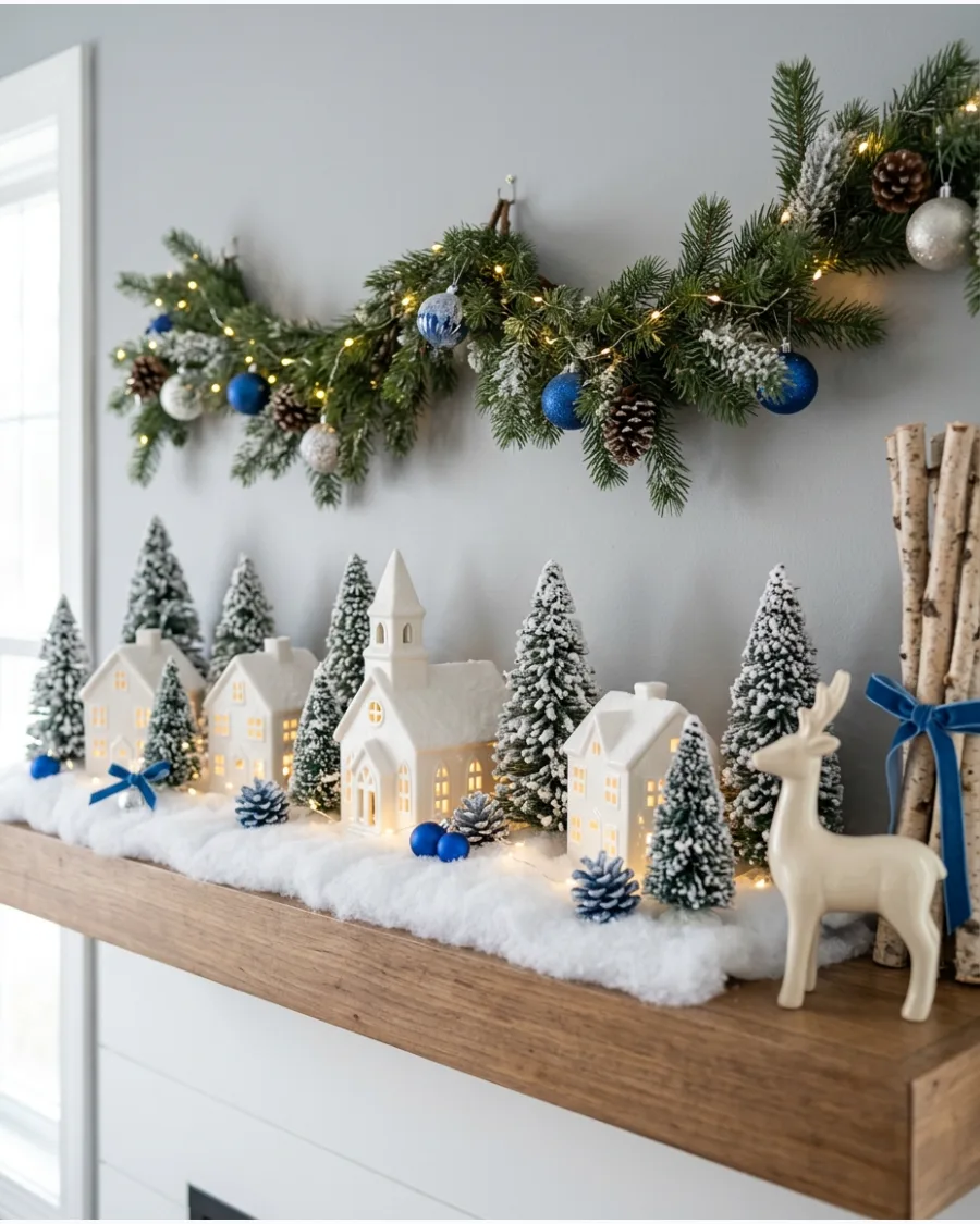15. Blue and White Christmas Village Mantel