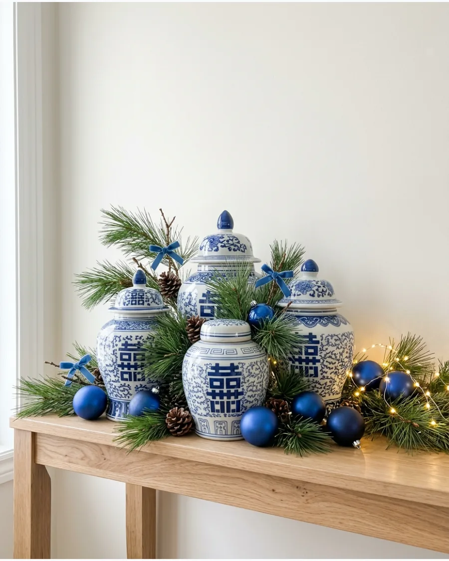 17. Blue and White Ginger Jar Christmas Display